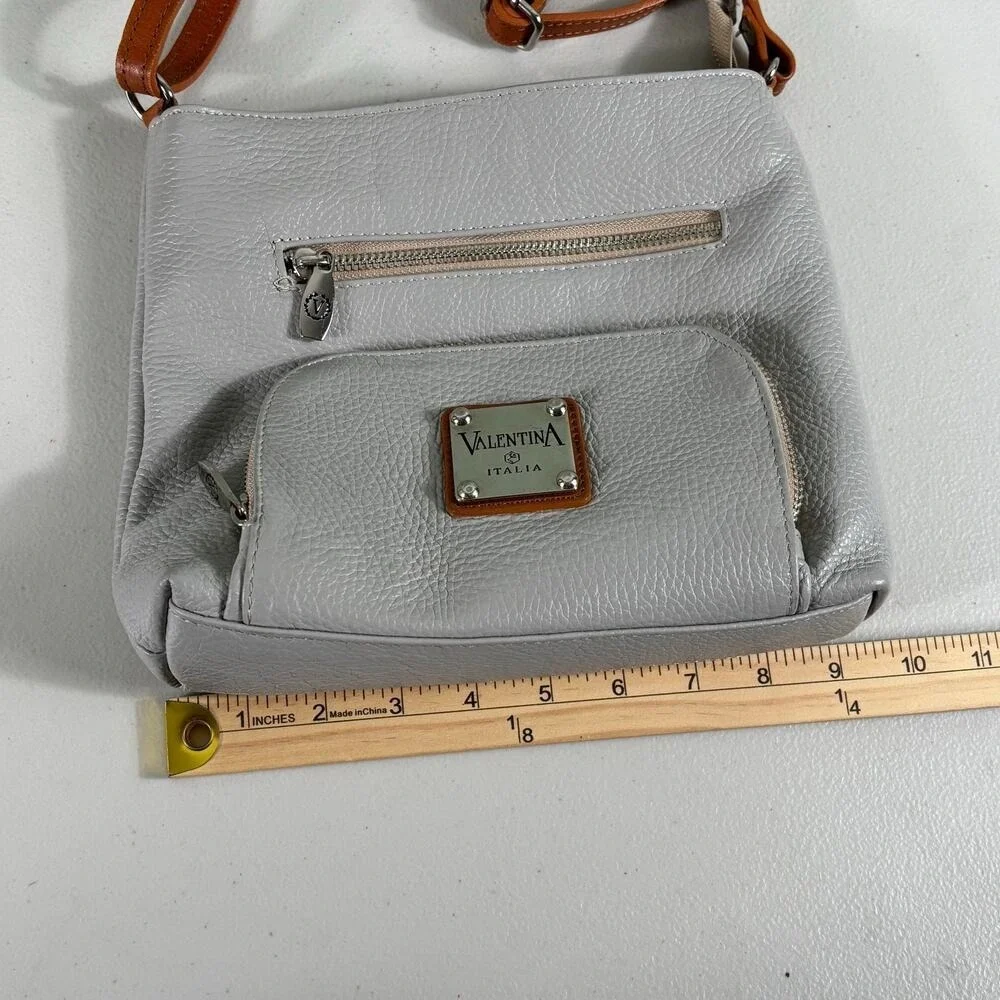 Valentina Italia Grey Pebbled Leather Crossbody Bag Brown Strap Made in‎ Italy